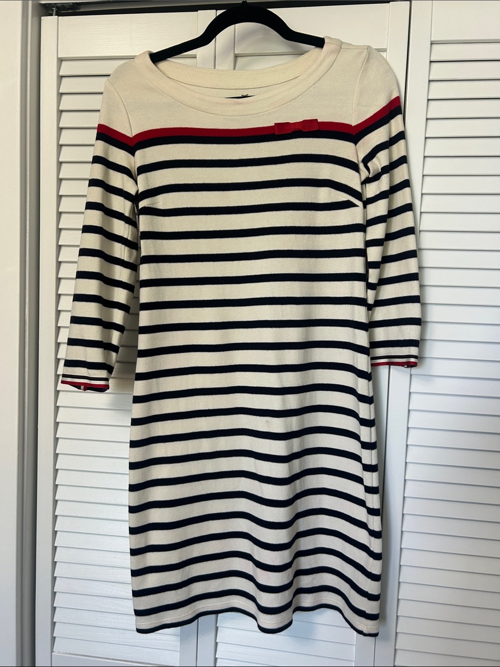 Talbots Navy and Cream Striped Long Sleeve Dress with Red Trim
